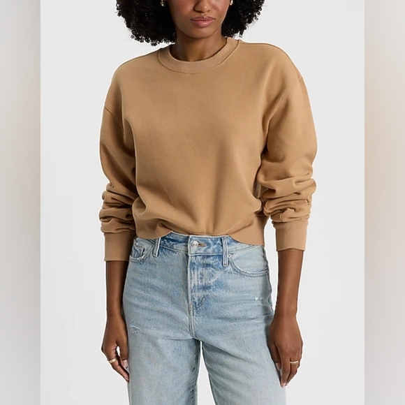 Express Tops - Express Crew Neck Banded Bottom Cropped Sweatshirt - Camel - Size M